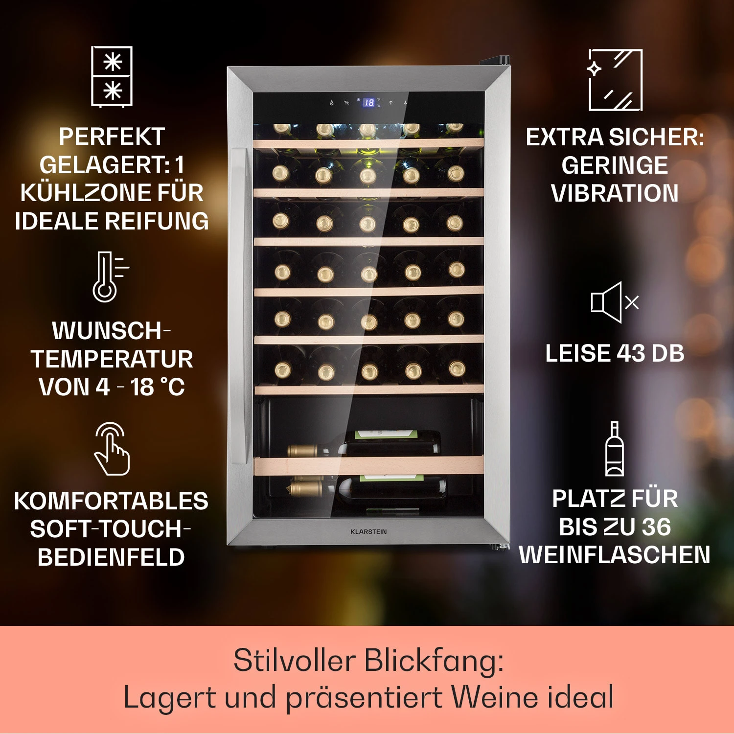 Vinamour 32 Uno Weinkühlschrank 1 Zone 95 L / 36 Flaschen 4-18°C Touch Vinamour 32 Uno Weinkühlschrank 1 Zone 95 L / 36 Flaschen 4-18°C Touch -Klarstein Verkaufs 10041393 de 0002 usp