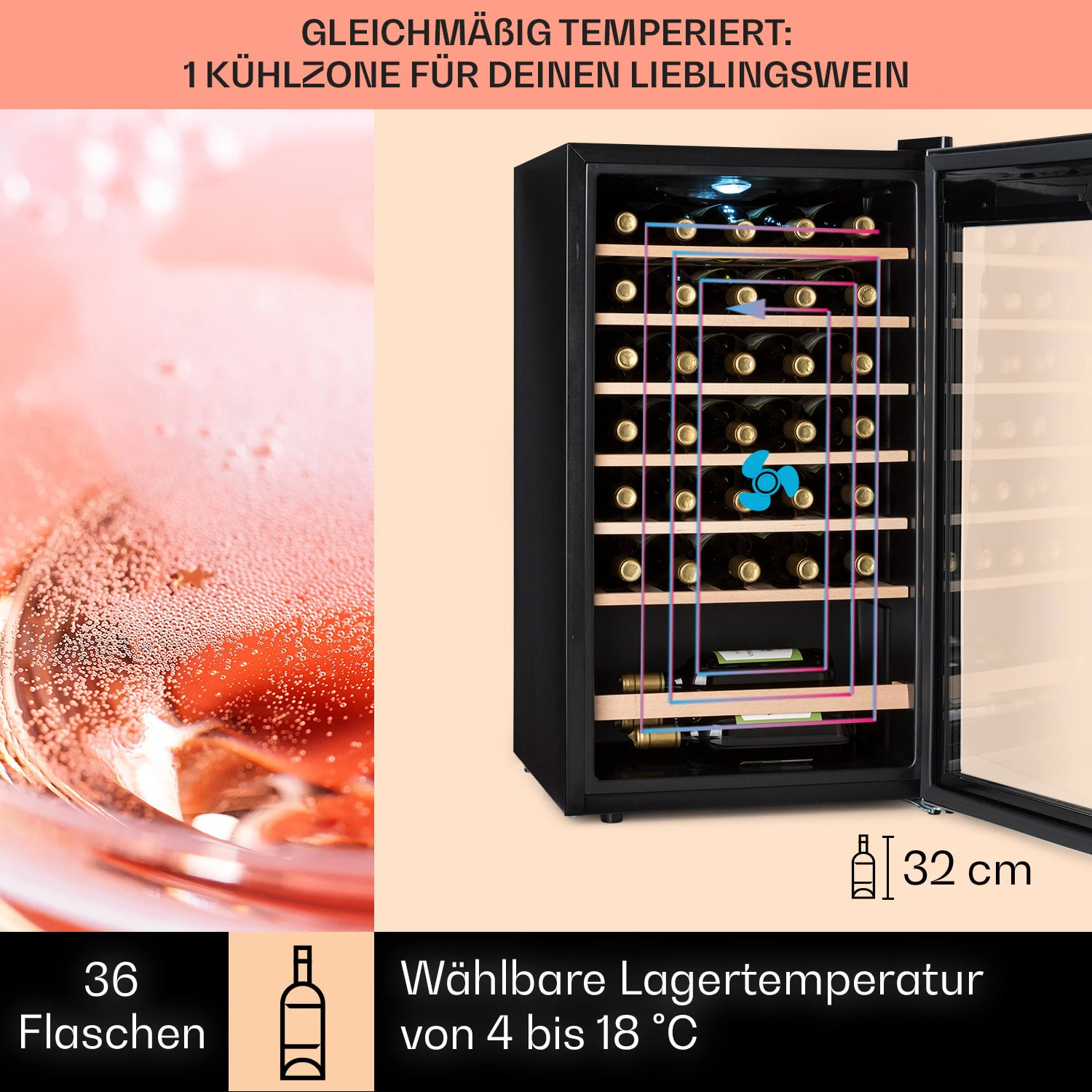 Vinamour 32 Uno Weinkühlschrank 1 Zone 95 L / 36 Flaschen 4-18°C Touch Vinamour 32 Uno Weinkühlschrank 1 Zone 95 L / 36 Flaschen 4-18°C Touch -Klarstein Verkaufs 10041393 de 0003 usp