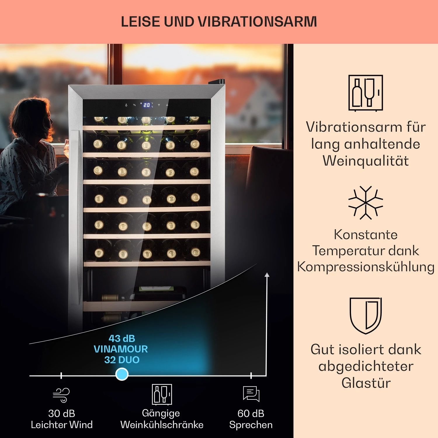 Vinamour 32 Uno Weinkühlschrank 1 Zone 95 L / 36 Flaschen 4-18°C Touch Vinamour 32 Uno Weinkühlschrank 1 Zone 95 L / 36 Flaschen 4-18°C Touch -Klarstein Verkaufs 10041393 de 0004 usp