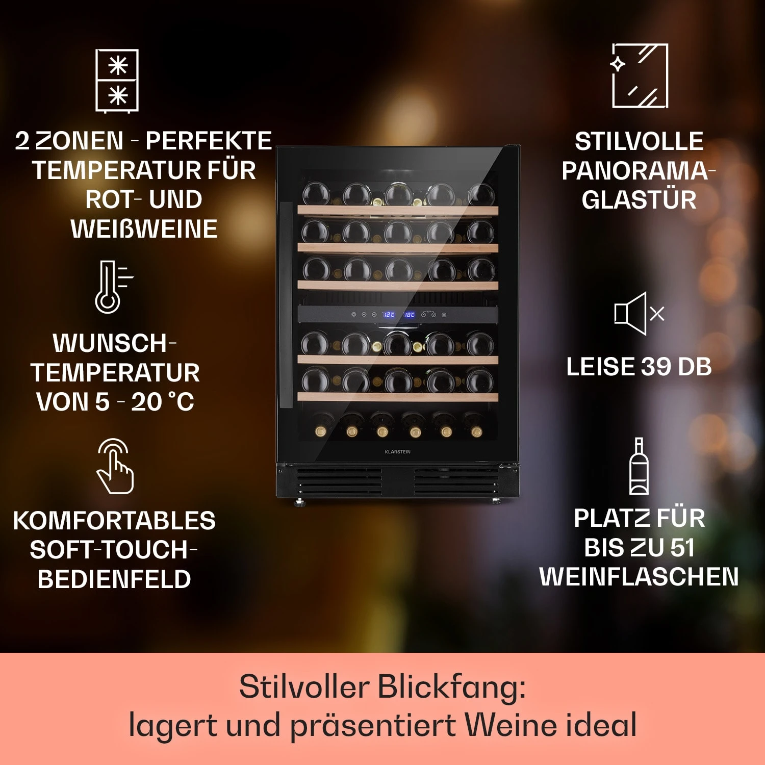 Vinovilla 50 Duo Zweizonen-Weinkühlschrank 53l 17 Fl. 3-Farben Glastür Vinovilla 50 Duo Zweizonen-Weinkühlschrank 53l 17 Fl. 3-Farben Glastür -Klarstein Verkaufs 10041899 de 0002 usp