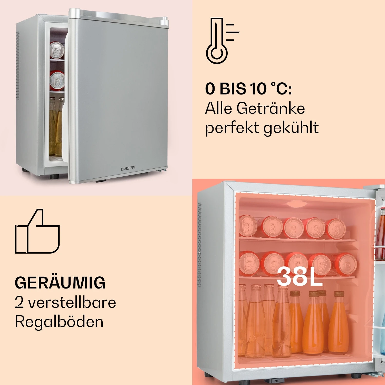 Happy Hour 38 Mini-Kühlschrank Minibar Getränkekühlschrank 38 L 26 dB Happy Hour 38 Mini-Kühlschrank Minibar Getränkekühlschrank 38 L 26 DB -Klarstein Verkaufs 10045046 de 0004 usp