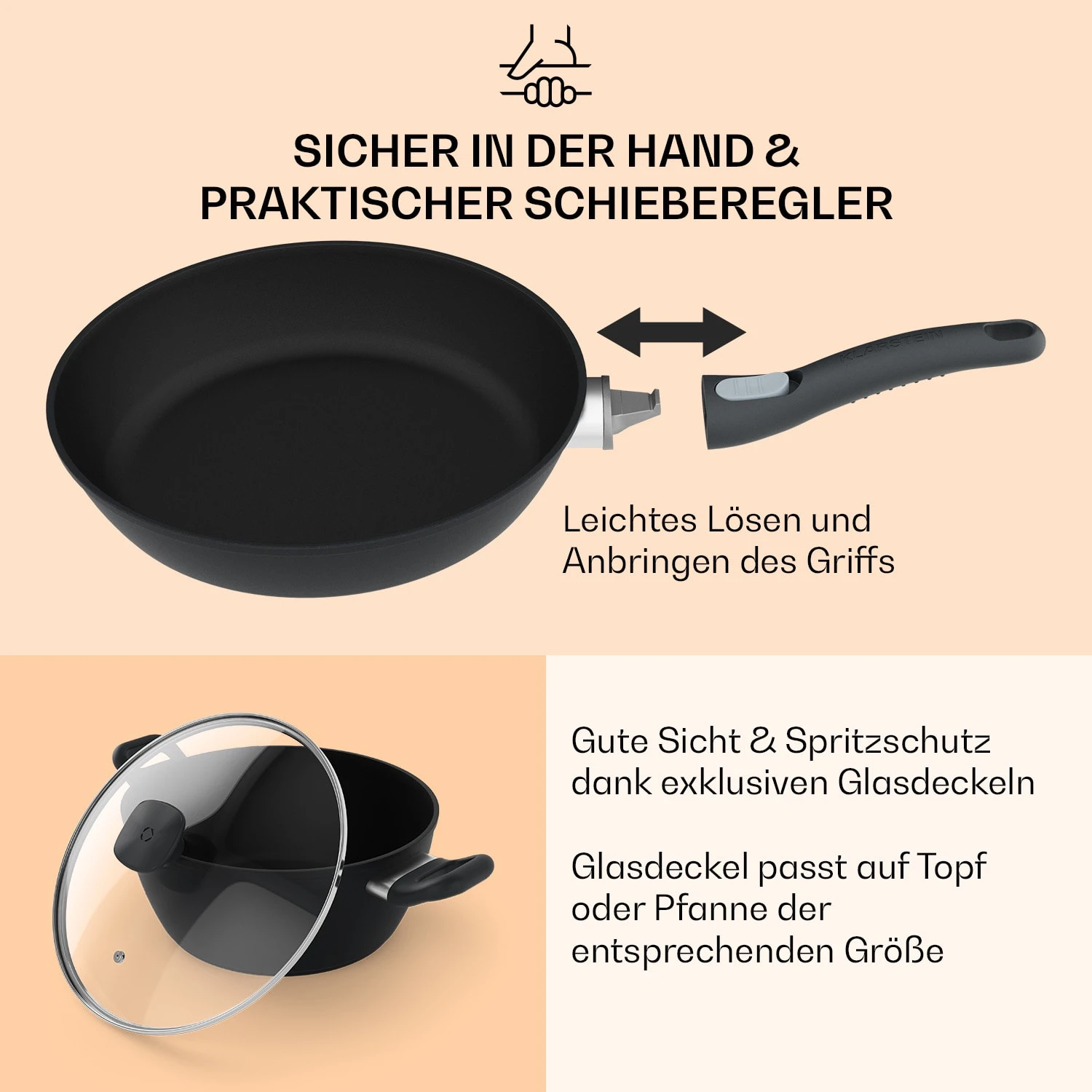 Noto Endurance Topf- und Pfannenset geschmiedetes Aluminium ergonomische Griffe Glasdeckel Filz Noto Endurance Topf- Und Pfannenset Geschmiedetes Aluminium Ergonomische Griffe Glasdeckel Filz -Klarstein Verkaufs 60003055 de 0007 usp